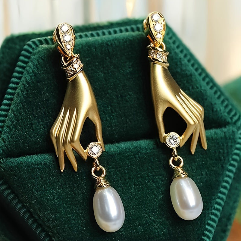 Artificial pearl pendant gold hand design drop earrings retro gothic style copper jewelry creative women's earrings