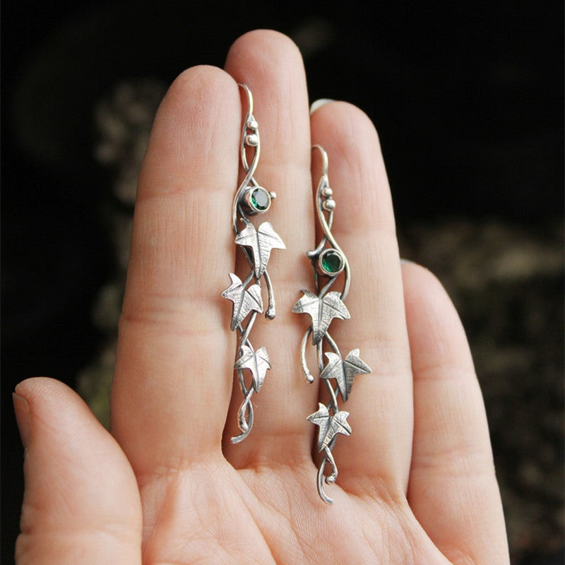 1 Pair Exquisite Silvery Boho Chic Engraved Leaf Drop Dangle Earrings - Inlaid with Colorful Synthetic Gemstones, 925 Silver Plated, Hypoallergenic, Durable, and Elegant - Perfect for Fashionistas and Bohemian Lovers