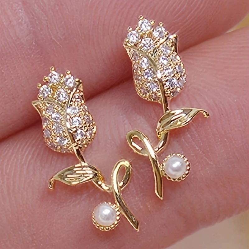 Elegant and lovely flower stud earrings, synthetic June birthstones and imitation pearls, copper nickel-plated, suitable for daily and party wear, Valentine's Day gifts - suitable for all seasons