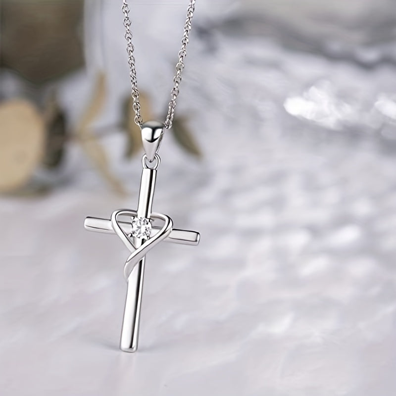 925 Silver Plated Zirconia Necklace with Stylish Heart Cross Pendant Women's, Wedding Anniversary Gift, Faith Jewelry