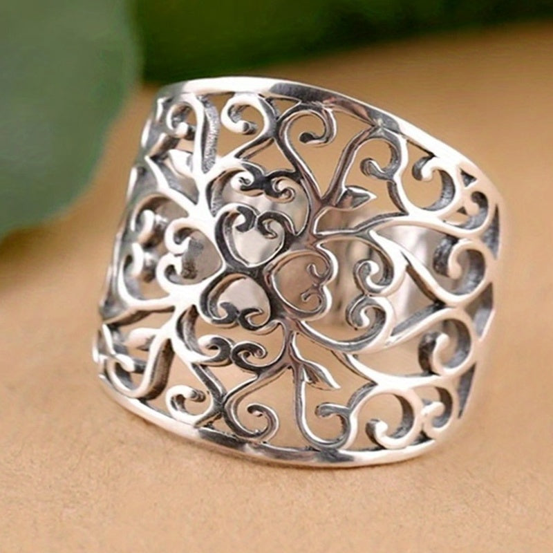 Bohemian Vintage Pattern 925 Silver Plated Hollow Wide Ring Ladies Wedding Ring Anniversary Gift
