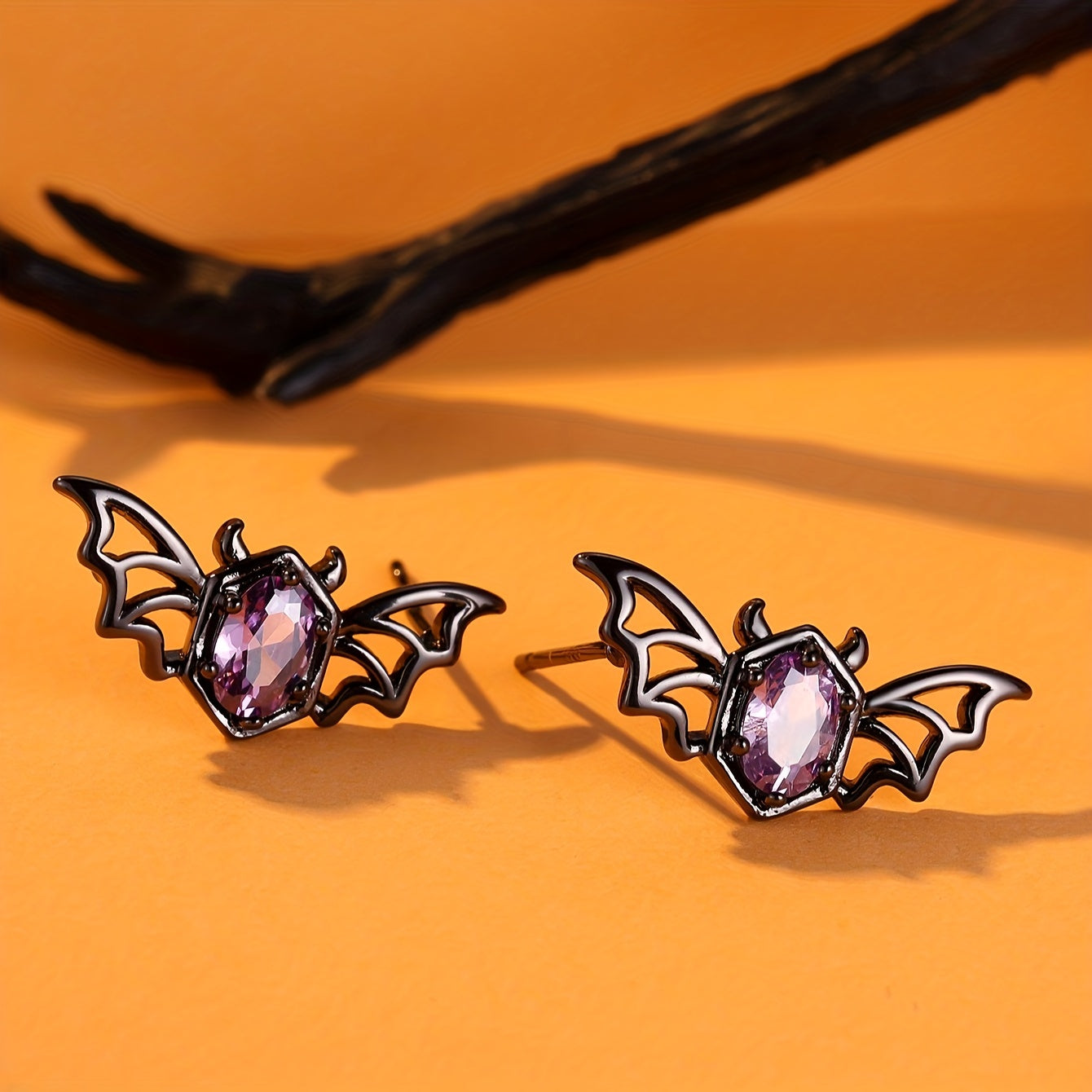 Ladies Gothic Black and Purple Bat Earrings - Vintage punk style with synthetic gemstones, nickel-free copper, perfect for Halloween and casual costumes, Halloween earrings