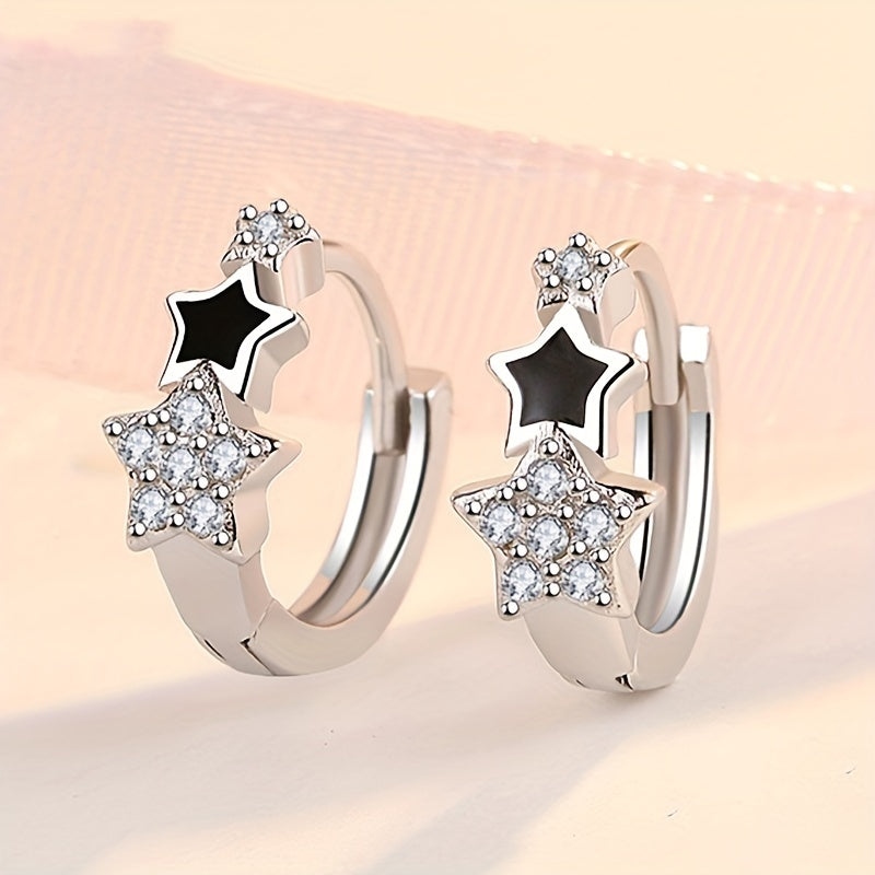 Fashion 925 Silver Plated Zirconia Black Enamel Star Ring Earrings Women's Casual Accessories