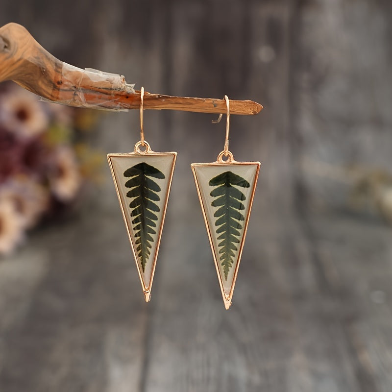 Transparent triangular green leaf pattern pendant earrings retro minimalist style alloy jewelry holiday earrings