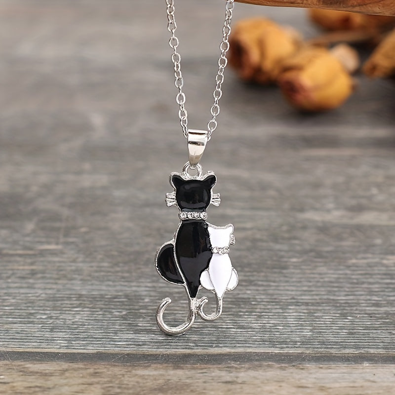 Black and white kitten cat pendant necklace ladies