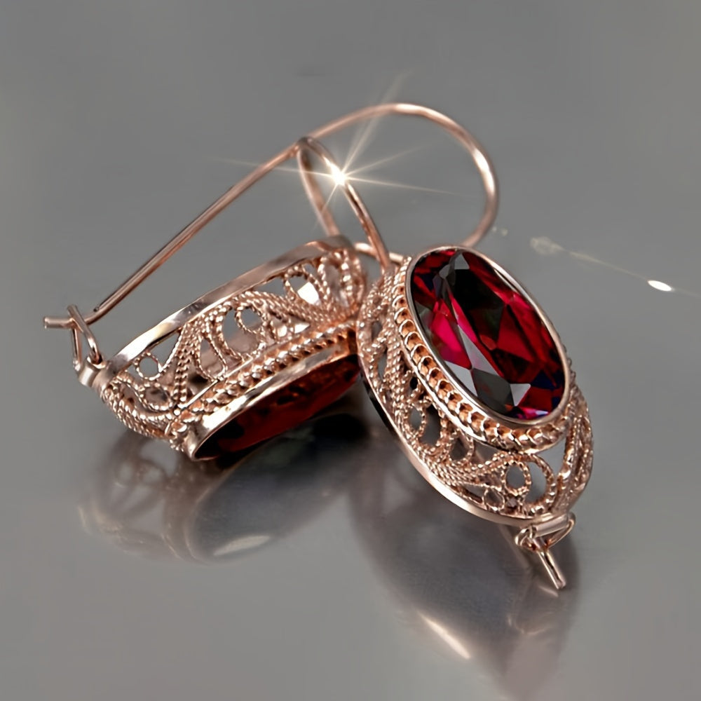 1 pair of retro luxury hollow design synthetic gem ring earrings, Women's January birthday stone, copper plated without nickel, suitable for parties, banquets, weddings, anniversary gifts, wedding jewelry | luxury earrings | meticulous craftsmanship