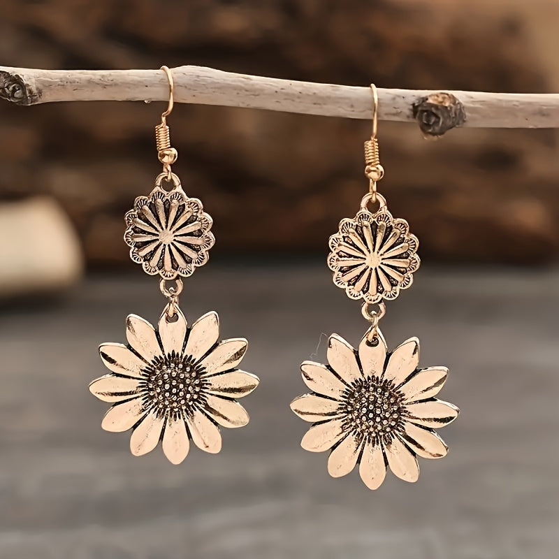 A pair of women's fashion pendant earrings, sunflower flower temperament elegant retro bohemian style, suitable for daily versatile gifts
