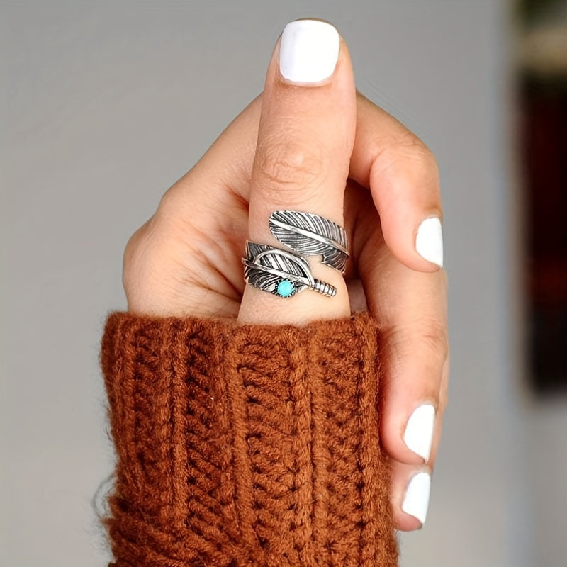 Vintage Feather Turquoise Open Ring Jewelry