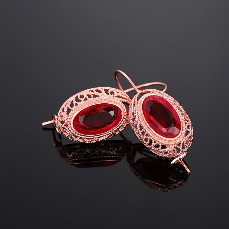 1 pair of retro luxury hollow design synthetic gem ring earrings, Women's January birthday stone, copper plated without nickel, suitable for parties, banquets, weddings, anniversary gifts, wedding jewelry | luxury earrings | meticulous craftsmanship