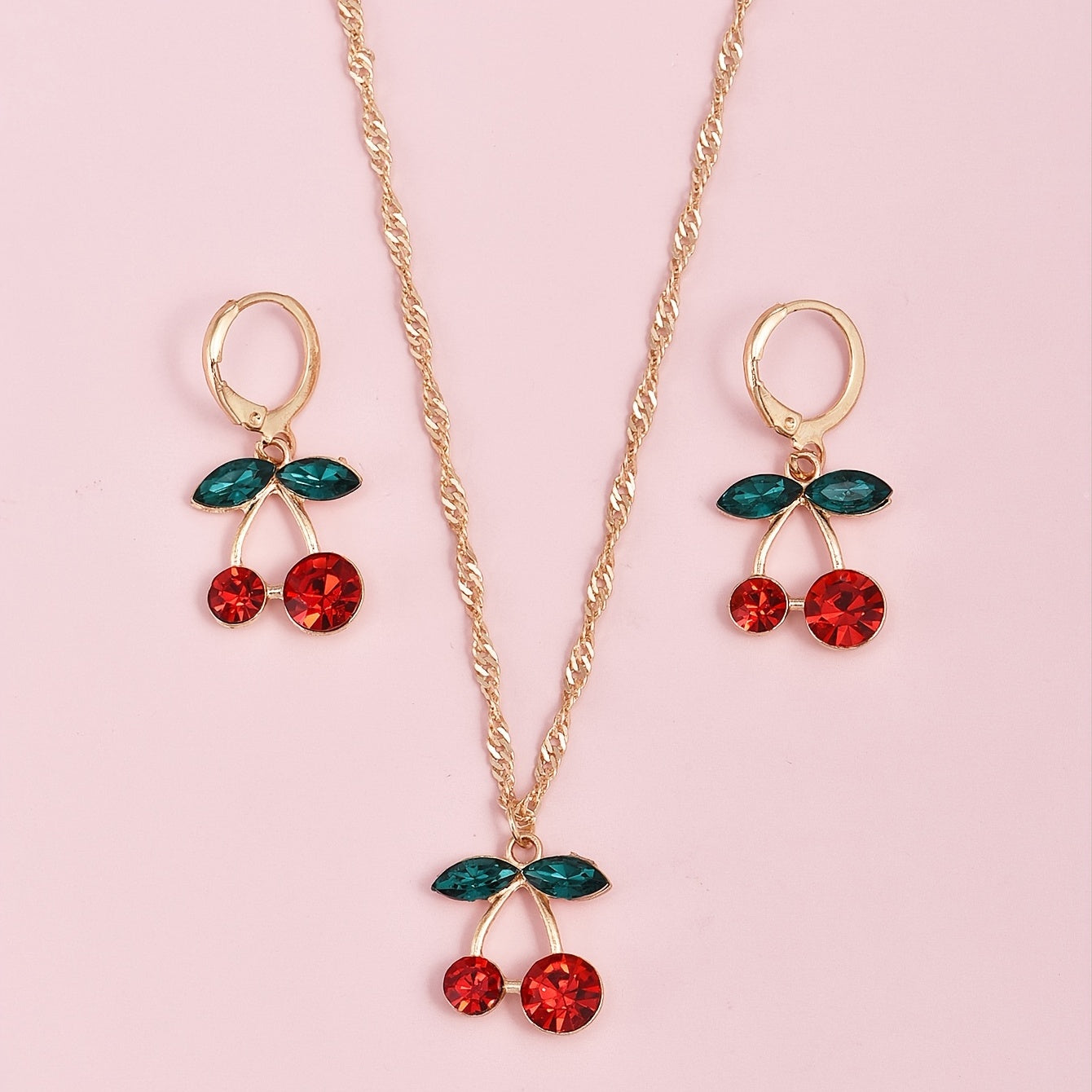 Sweet Cherry Crystal Pendant Necklace and Earrings Set Delicate Fruit Gold Chain Jewelry Set Gift