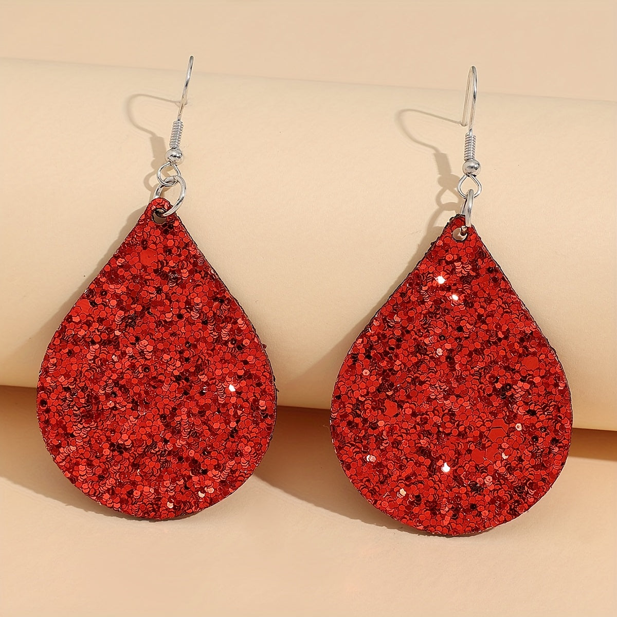 Christmas red water drop sequined PU leather earrings