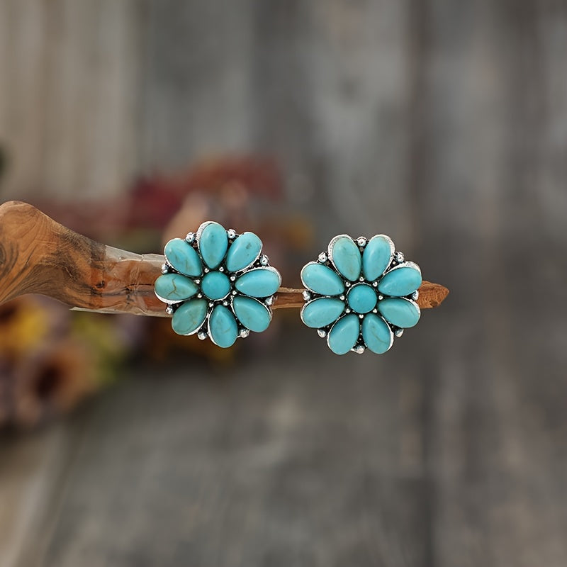 A new pair of retro bohemian flower inlaid synthetic turquoise earrings