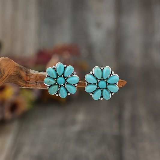 A new pair of retro bohemian flower inlaid synthetic turquoise earrings
