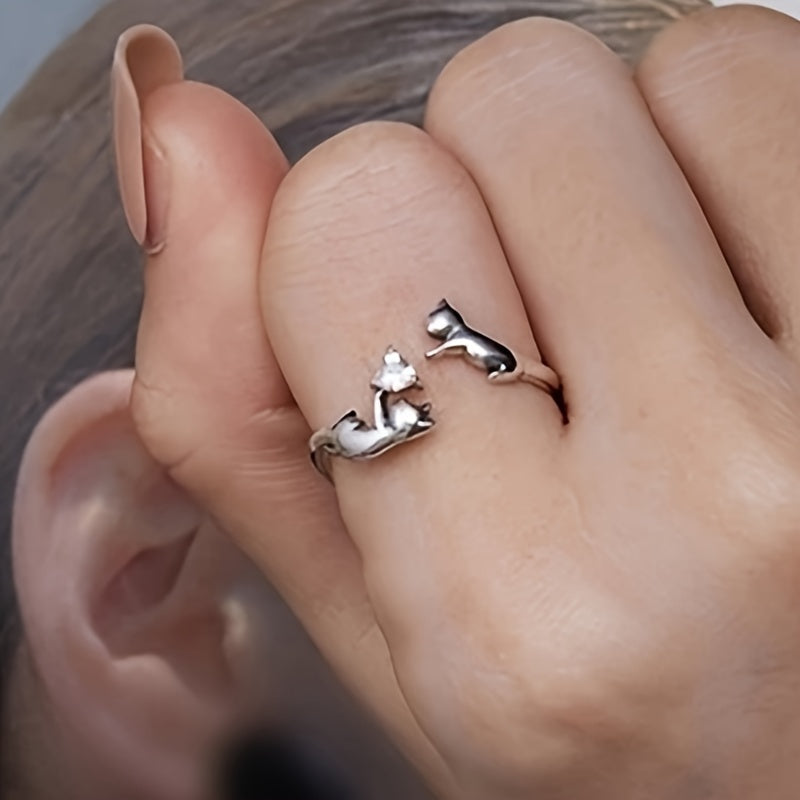 1 elegant and cute cat ring, creative handheld heart-shaped design synthetic Zirconia opening, adjustable Women's ring, party jewelry birthday gift, fashion
