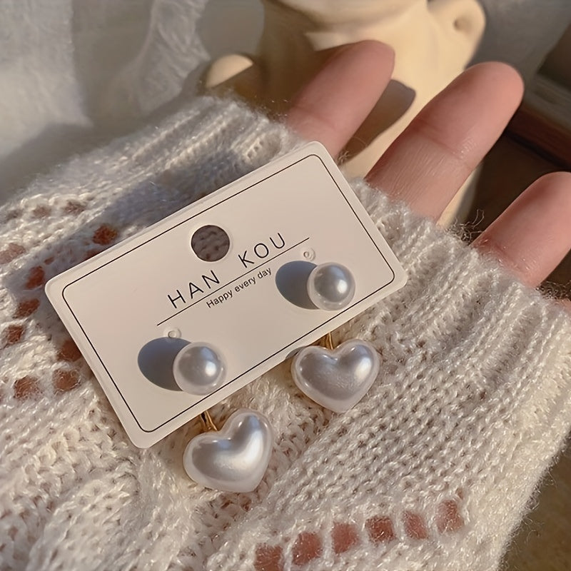 1 pair of classic heart-shaped imitation pearl stud earrings, anti-allergic platinum-plated alloy with acrylic inlay