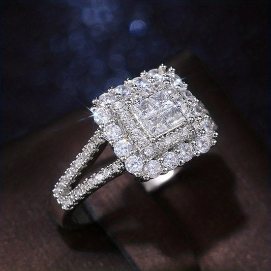 Square Set Crystal Zirconia Bridal Wedding Ring