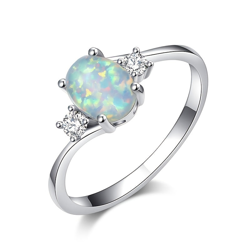 White Opal Gemstone Engagement Ring Classic Silver Luxury Faux Crystal Oval Wedding Ring Women's