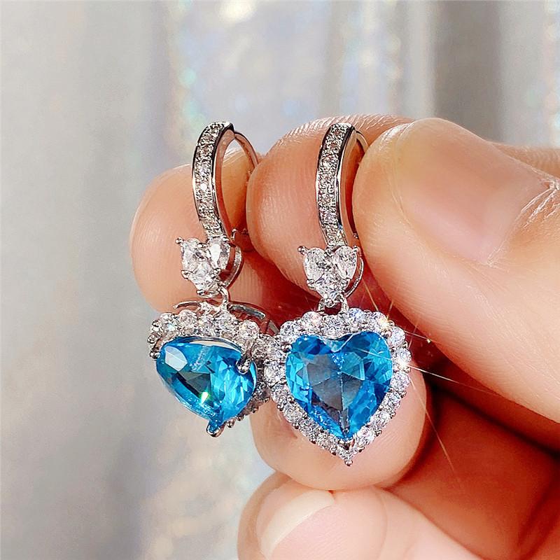 Aqua Blue Red Stone Heart Wedding Earrings Ladies Eternal Love Earrings Engagement Accessories Fashion Jewelry