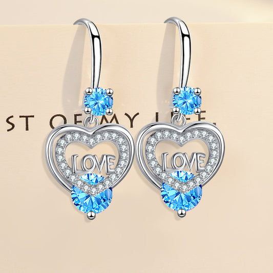 1 pair of elegant heart-shaped hanging earrings set with sparkling blue gemstones and "I Love You" inscription - copper, perfect for weddings and Valentine's Day gifts, lovely earrings