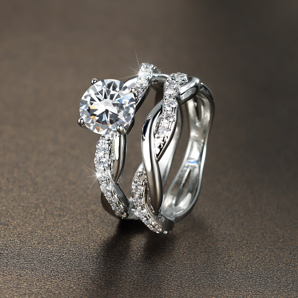 Elegant 2-piece Silver Twisted Ring Set with Round Cut White Zircon - Perfect for Bridal Engagement, Wedding Rings and Anniversary Gifts, Winter, New Year