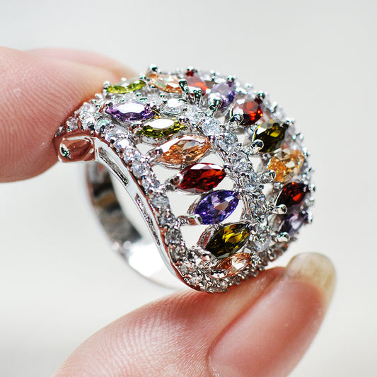 1 eye-cut reddish-purple champagne olive emerald CZ leaf ring, engagement princess ring, multi-colored birthday stone ring, wedding ring, Valentine's Day gift.