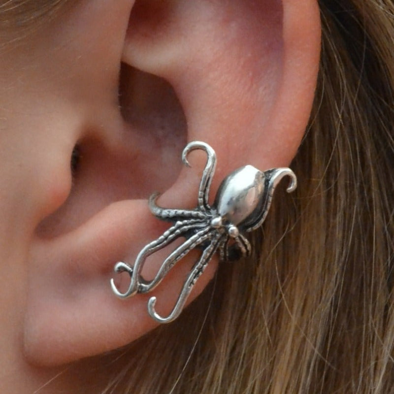 Antique Octopus Design Ear Clips, Bohemian Ocean Style, Zinc Alloy Silver Plated Jewelry, Creative Beach Party Earrings