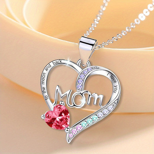 "I Love Your Mom" Heart Pendant Necklace with Acrylic Trim, Alloy Chain, White K Plating, Fashion Jewelry Gift for Women Over 15 - Eternal Sparkle Collection