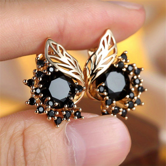 1 pair of gold round cut black stone flower earrings CZ claw pendant earrings, wedding jewelry