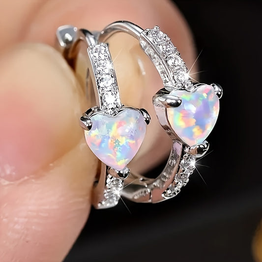 1 pair of elegant heart-shaped loop earrings set with cubic zirconia and synthetic opal gemstones, stylish engagement party women's jewelry