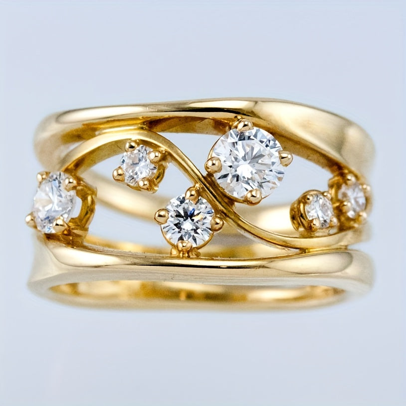 Exquisite 18K Gold Plated 4 Claw Hollow Out Band Ring Inlaid Shiny zirconia For Bridal Engagement Promise Jewelry