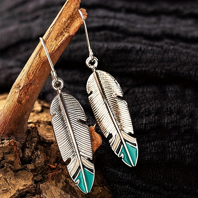 Antique Feather Leaf Design Pendant Earrings, Vintage Bohemian Zinc Jewelry, Holiday Earrings