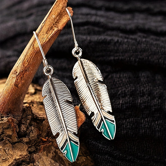 Antique Feather Leaf Design Pendant Earrings, Vintage Bohemian Zinc Jewelry, Holiday Earrings