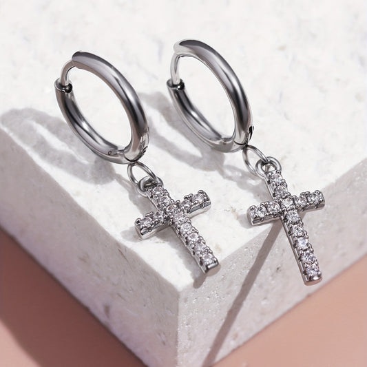 1 Pair of Punk Hip Hop Cubic Zirconia Cross Pendant Earrings for Men