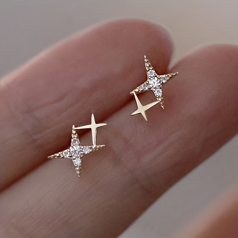 Double star design stud earrings set with zircon, women's proposal engagement party jewelry gift