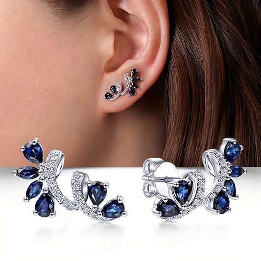 Flower stud earrings with zircon climbing vine earrings, 925 silver-plated, party and holiday decoration, lady's gift, a pair.