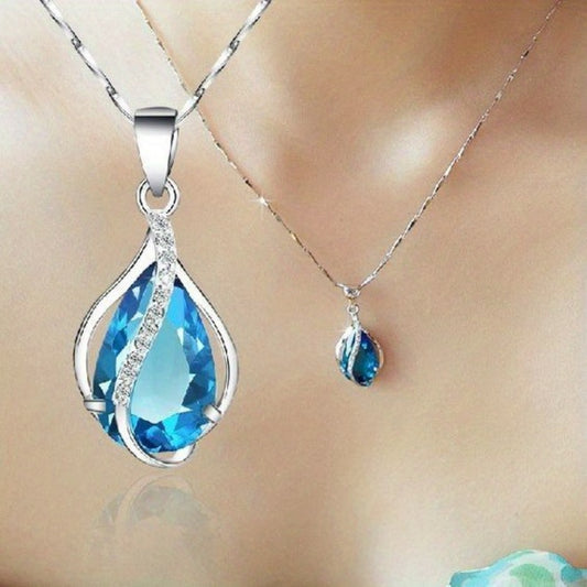 Delicate 925 Silver Plated Teardrop Cut Aquamarine Gemstone Pendant Necklace Ladies Wedding Anniversary Prom Gift