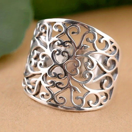 Bohemian Vintage Pattern 925 Silver Plated Hollow Wide Ring Ladies Wedding Ring Anniversary Gift