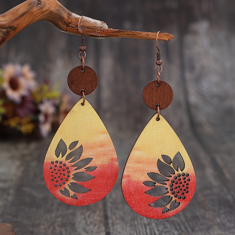Sunflower print drop earrings Vintage Western wooden jewelry Holiday earrings