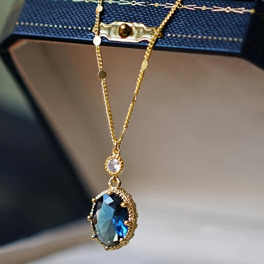 1 Elegant Retro Style Ladies Fashion Necklace with Luxury Synthetic Sapphire Pendant - Gold Tone, Machische Stone, Crystal Set, Suitable for Party and Daily Wear, September Birthstone, Box Free