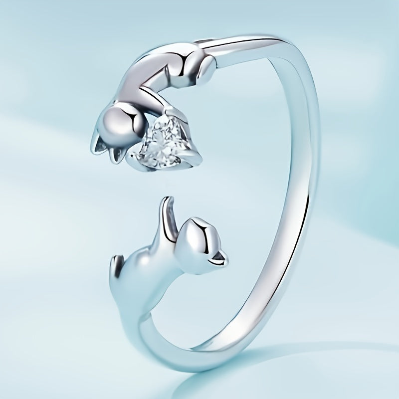 1 elegant and cute cat ring, creative handheld heart-shaped design synthetic Zirconia opening, adjustable Women's ring, party jewelry birthday gift, fashion