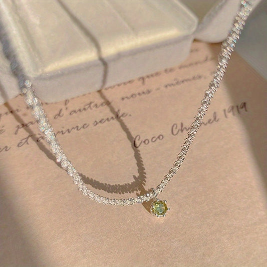 Ladies Olive Green Gemstone Single Stone 925 Silver Plated Necklace Women's Wedding Bridal Jewelry