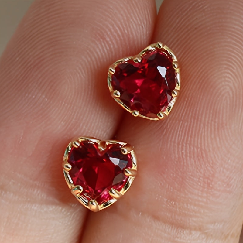 Women's Elegant Heart Synthetic Ruby Earrings - Nickel-Free Copper, Ideal for Everyday Wear and Parties, Ideal for Valentine's Day