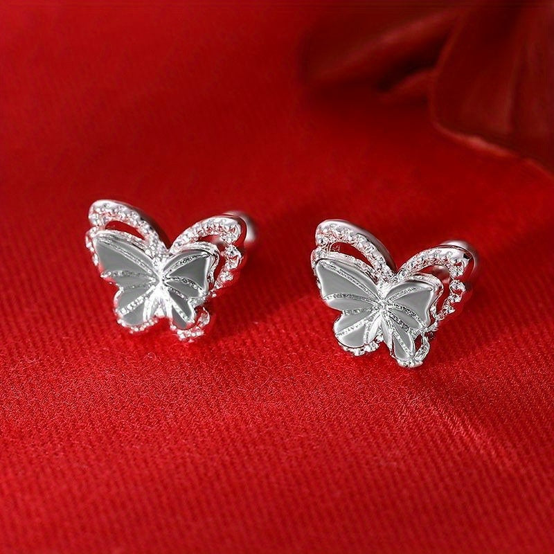 Silver butterfly earrings with S925 sterling silver stud earrings, hollow butterfly pattern, women's fashion jewelry, earrings
