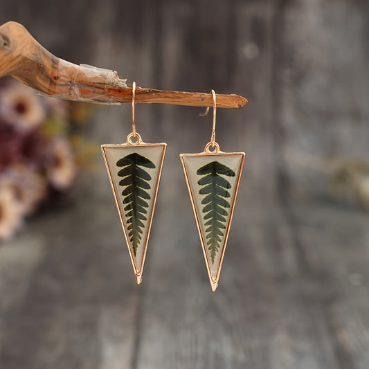 Transparent triangular green leaf pattern pendant earrings retro minimalist style alloy jewelry holiday earrings