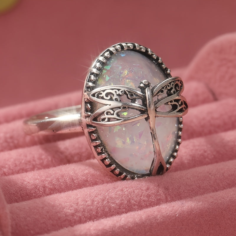 Vintage Bohemian Female Dragonfly Ring with Copper Base and Synthetic Opal, 925 Silver Plated - Perfect for Christmas, Seasons, Everyday Wear and Gifts