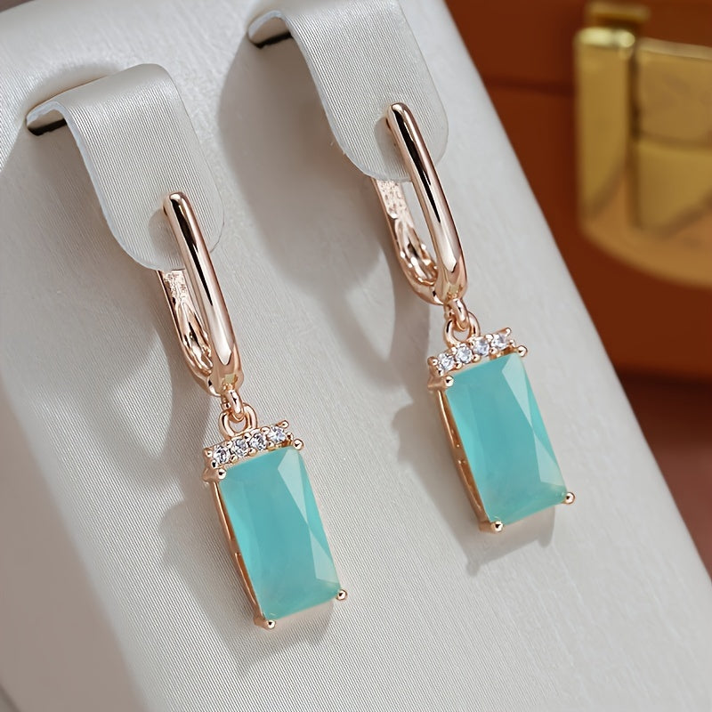 [Elegant Style] Elegant Teal Zirconia Geometric Pendant Earrings - Ladies Gold Fashion Jewelry, Suitable for Weddings and Parties, with Sparkling Square Crystal Zircon Embellishment, Stylish Earrings