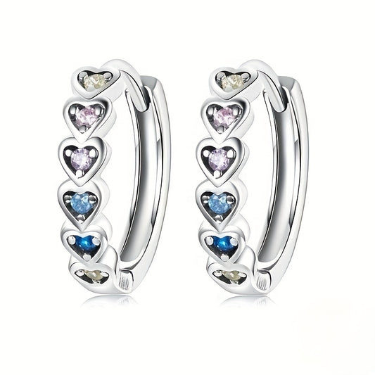 Colorful heart-shaped zircon inlaid hollow round ring earrings, elegant casual style for daily wear, women's dating earrings