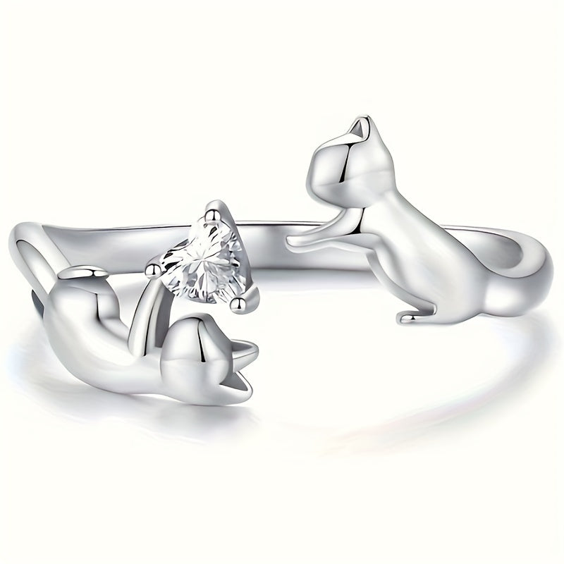 1 elegant and cute cat ring, creative handheld heart-shaped design synthetic Zirconia opening, adjustable Women's ring, party jewelry birthday gift, fashion