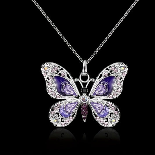 Vintage Multi-Colored Rhinestone Butterfly Pendant Necklace Silver Plated Jewelry