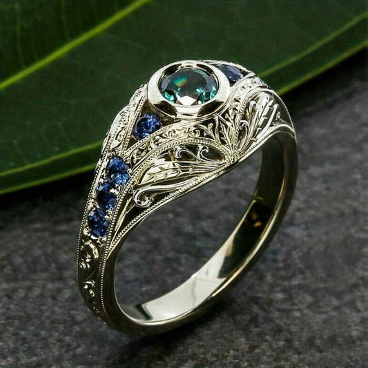 Luxury vintage 925 silver-plated geometric pattern with zircon ring, romantic wedding bridal jewelry